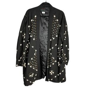 Ashro Cowrie Shell Jacket Coat Womens S Black Embroidered Art to Wear Oversized